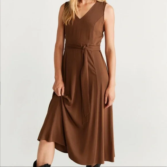 brown tie waist dress Daniella Linen Tie Back Sleeveless Midi Dress in Cocoa By DISSH